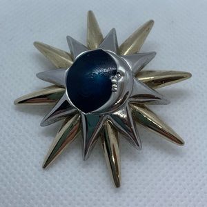 Signed LC, Liz Claiborne Moon & Sun Gold & Silver Tone Brooch, Pin 2"